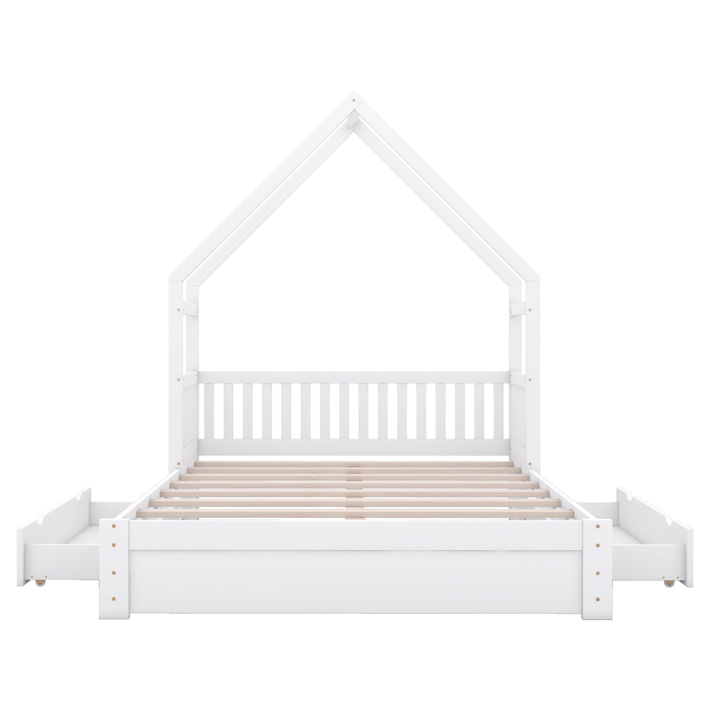 Wood Queen Size House Platform Bed with Guardrail and 2 Drawers, White