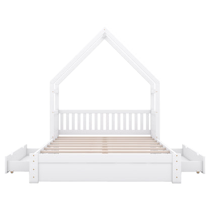 Wood Queen Size House Platform Bed with Guardrail and 2 Drawers, White