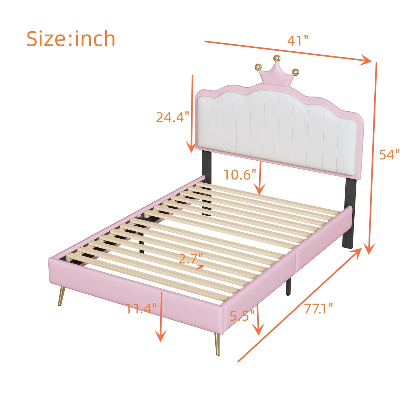 Twin size Upholstered Princess Bed With Crown Headboard,Twin Size Platform Bed with Headboard and Footboard with Light Strips,Golden Metal Legs, White+Pink