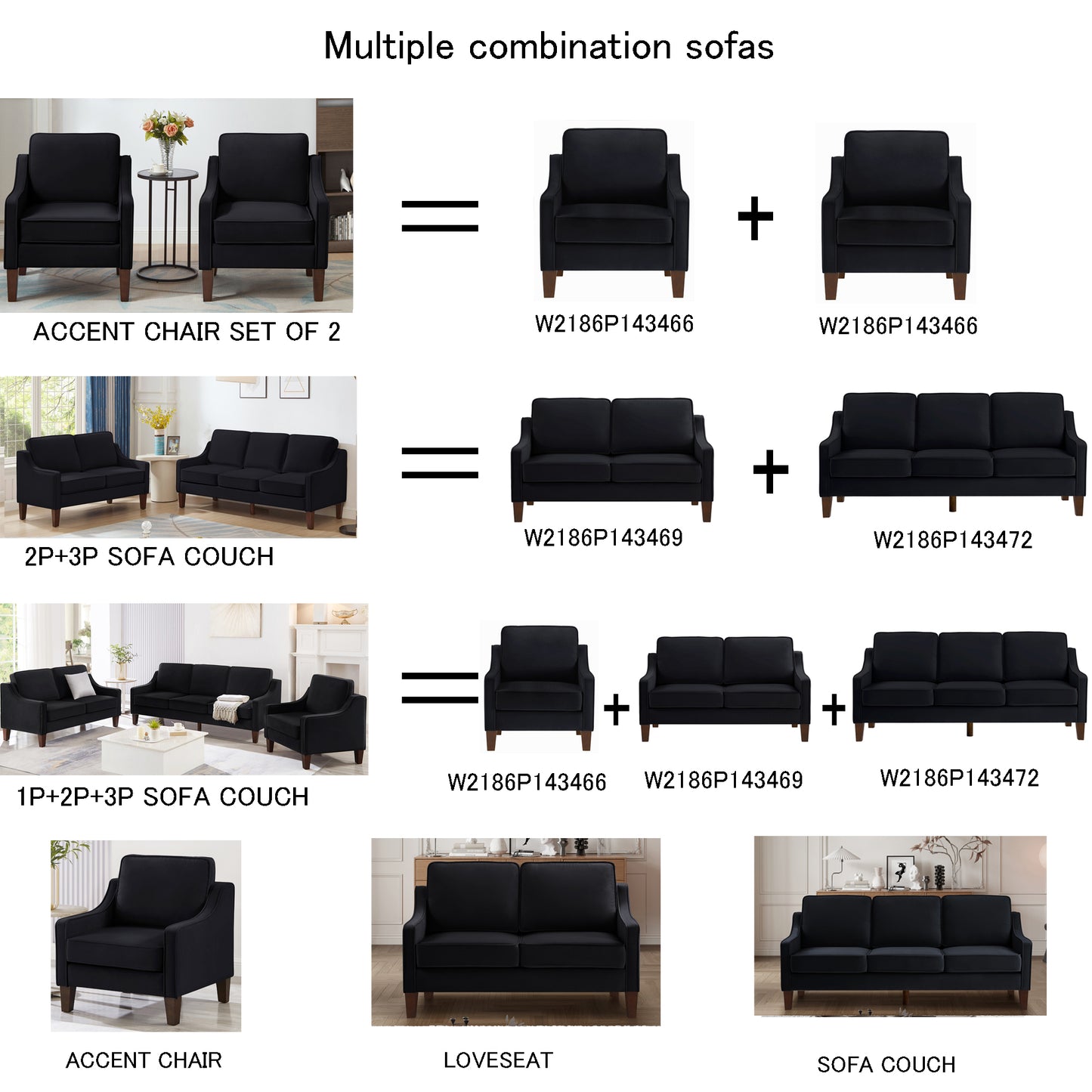 Modern 3 Person seat  Sofa Couch with Scooped Armrest/Wood legs,Upholstered Velvet 3-seat Sofa with Removable Cushions for Livingroom Bedroom,Black