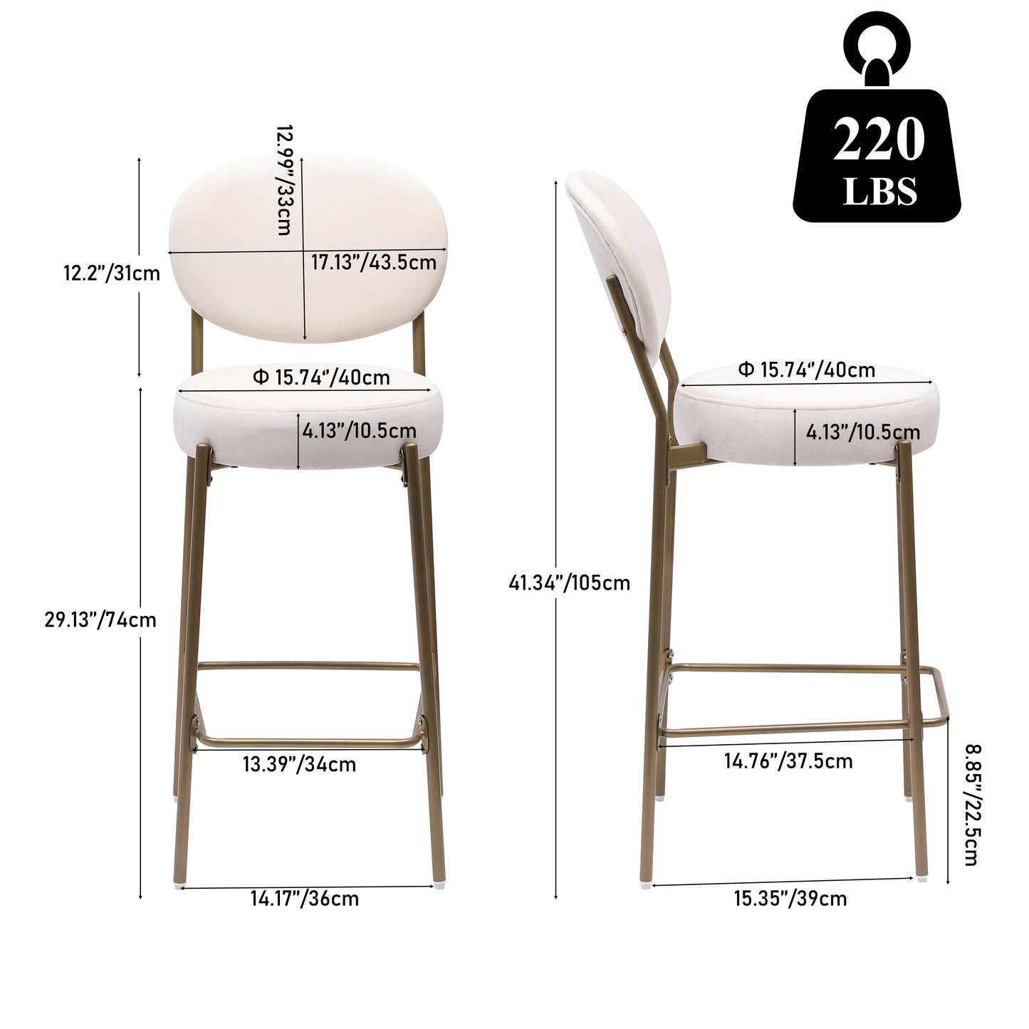 29'' Upholstered Bar Stools Velvet Counter Stool with Backrest & Footrest Set of 2 Round Dining Chairs for Kitchen(Creamy White)