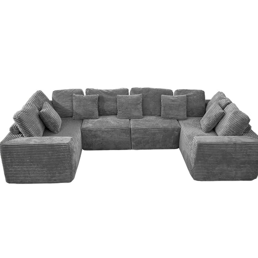 135.5-inch Modular U-Shaped Sectional Sofa, 6-Seater Chaise Lounge with Reversible Design, Striped Corduroy Fabric in Gray – Customizable Living Room or Bedroom Couch, Freely Configurable Layout.