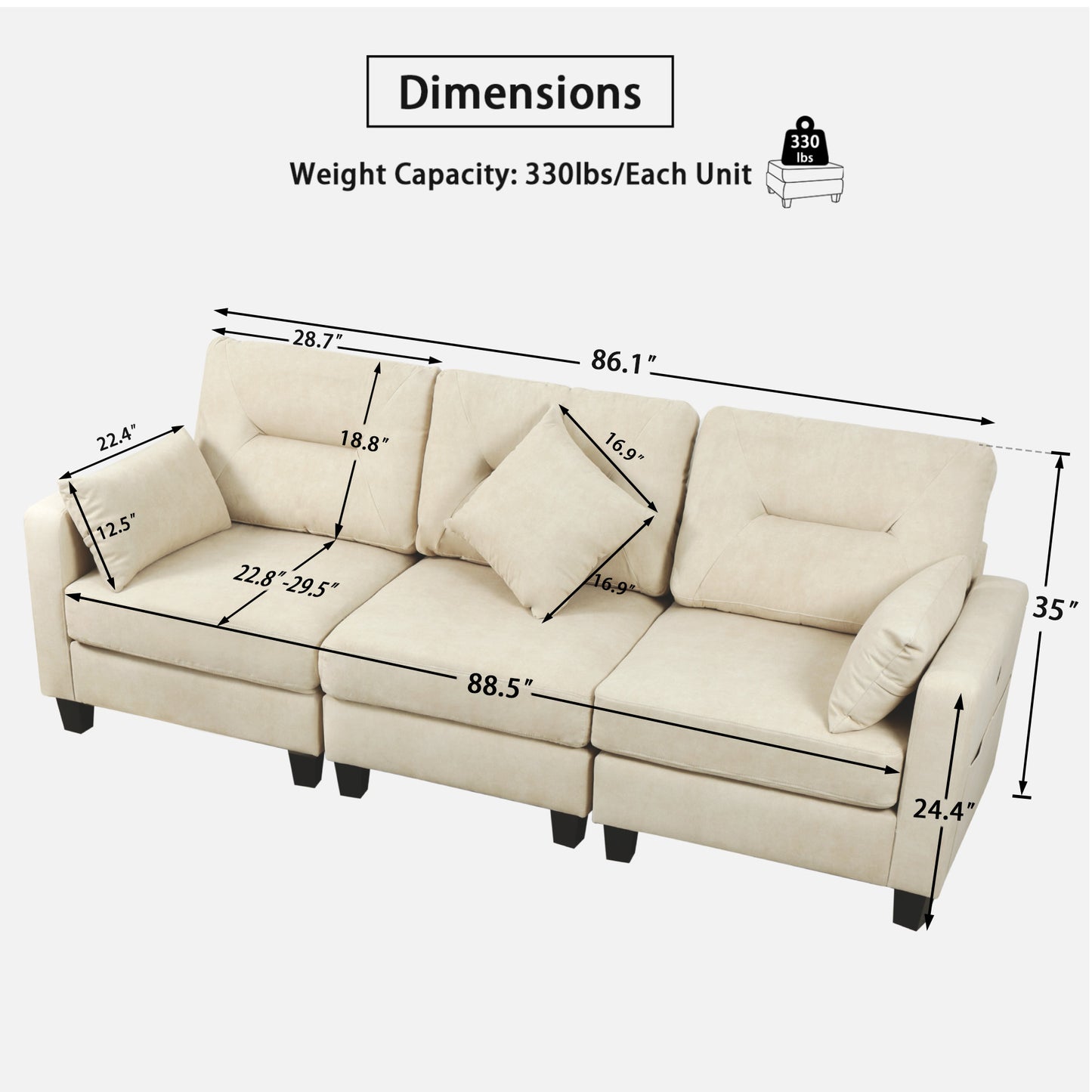 Oversized 86.1'' L Shaped Modular Sectional Couches with USB Ports, Lumbar Pillows