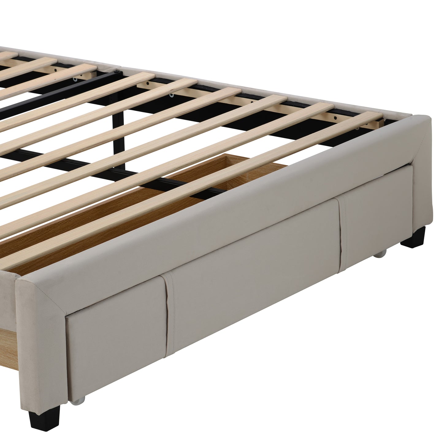 Queen Size Storage Bed Velvet Upholstered Platform Bed with a Big Drawer - Beige