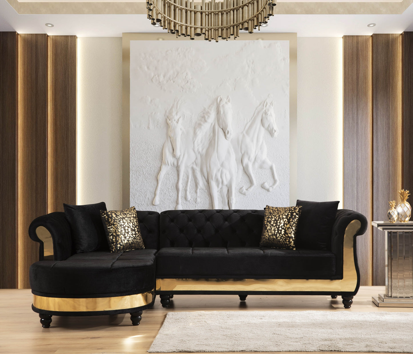 Gold Detailed Tufted Upholstery Sectional made with Wood In Black