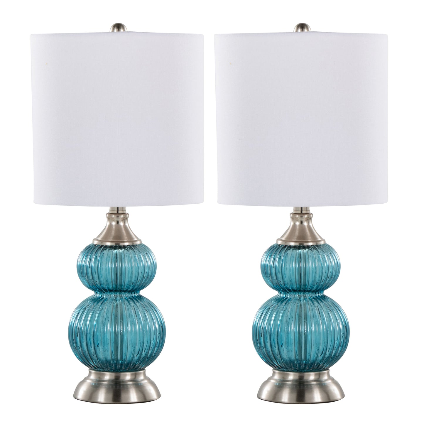 Belle 20" Contemporary Glass Accent Lamp in Clear Sapphire Blue Seeded Glass,  Brushed Nickel and White Linen Shade from Grandview Gallery by LumiSource - Set of 2