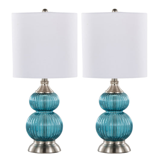 Belle 20" Contemporary Glass Accent Lamp in Clear Sapphire Blue Seeded Glass,  Brushed Nickel and White Linen Shade from Grandview Gallery by LumiSource - Set of 2