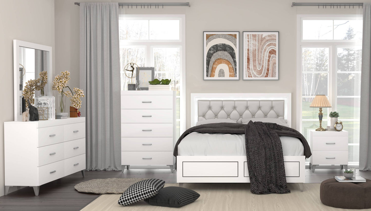 Grey and White Queen Bed with LED Light Padded Headboard