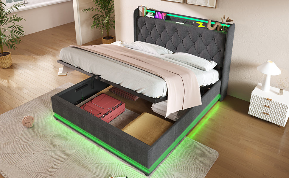 Full size Upholstered bed, 360 surround LED function, Buttons/Apps/Remote Control, hydraulic storage bed with USB Type-C charging, Gray,Linen (Without mattress)