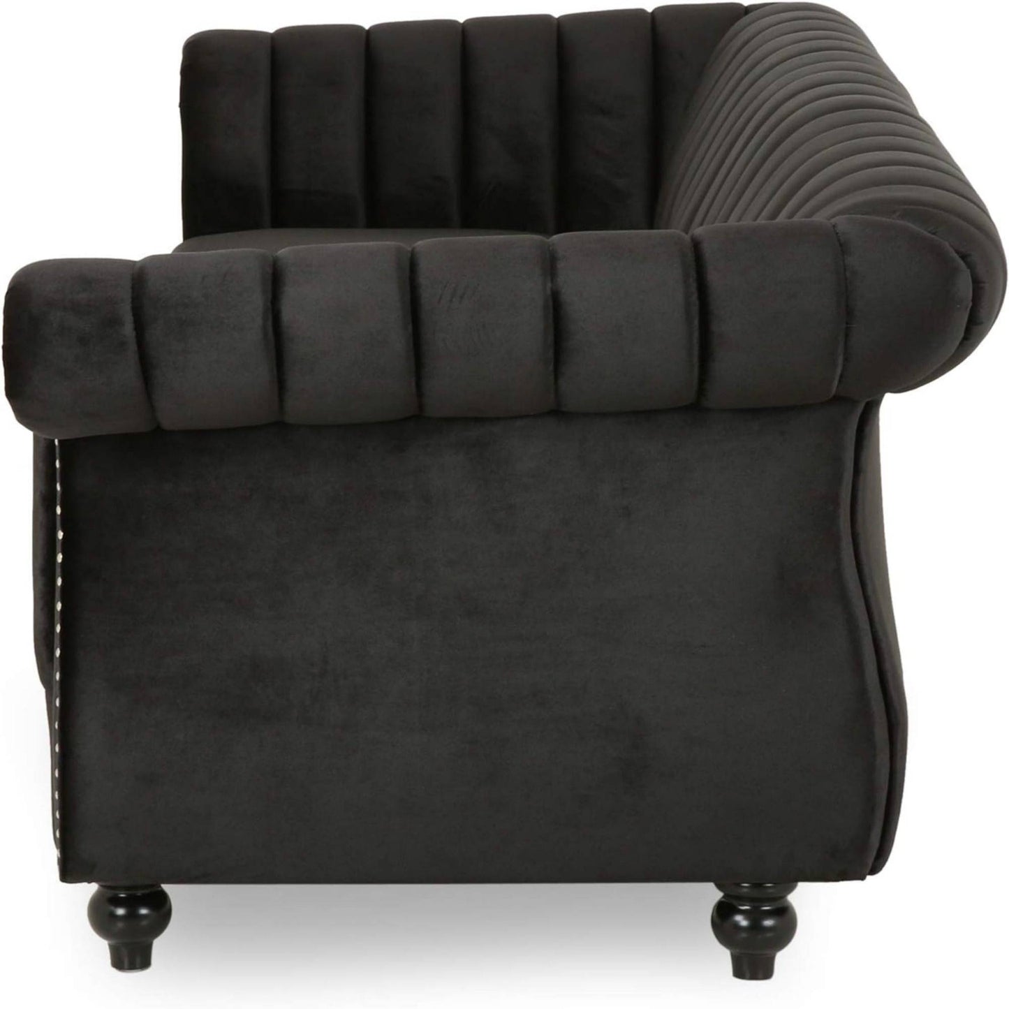 84-Inch Black 3-Seater Velvet Sofa – Button Tufted with Nailhead Trim, Curved Backrest, and Rolled Arms, Stylish and Elegant Couch for Modern Living Rooms, Durable Upholstery, Luxury Design