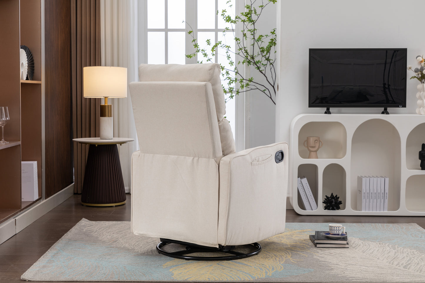 038-Cotton Linen Fabric Swivel Rocking Chair Glider Rocker Recliner Nursery Chair With Adjustable Back And Footrest For Living Room Indoor,Beige