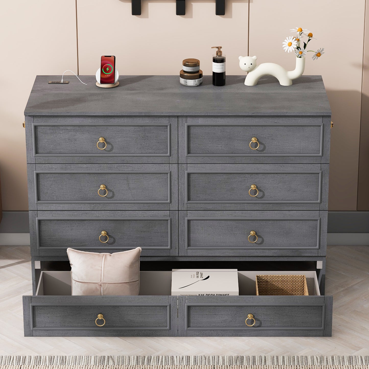 Queen Murphy Bed with Large Drawers,Gray