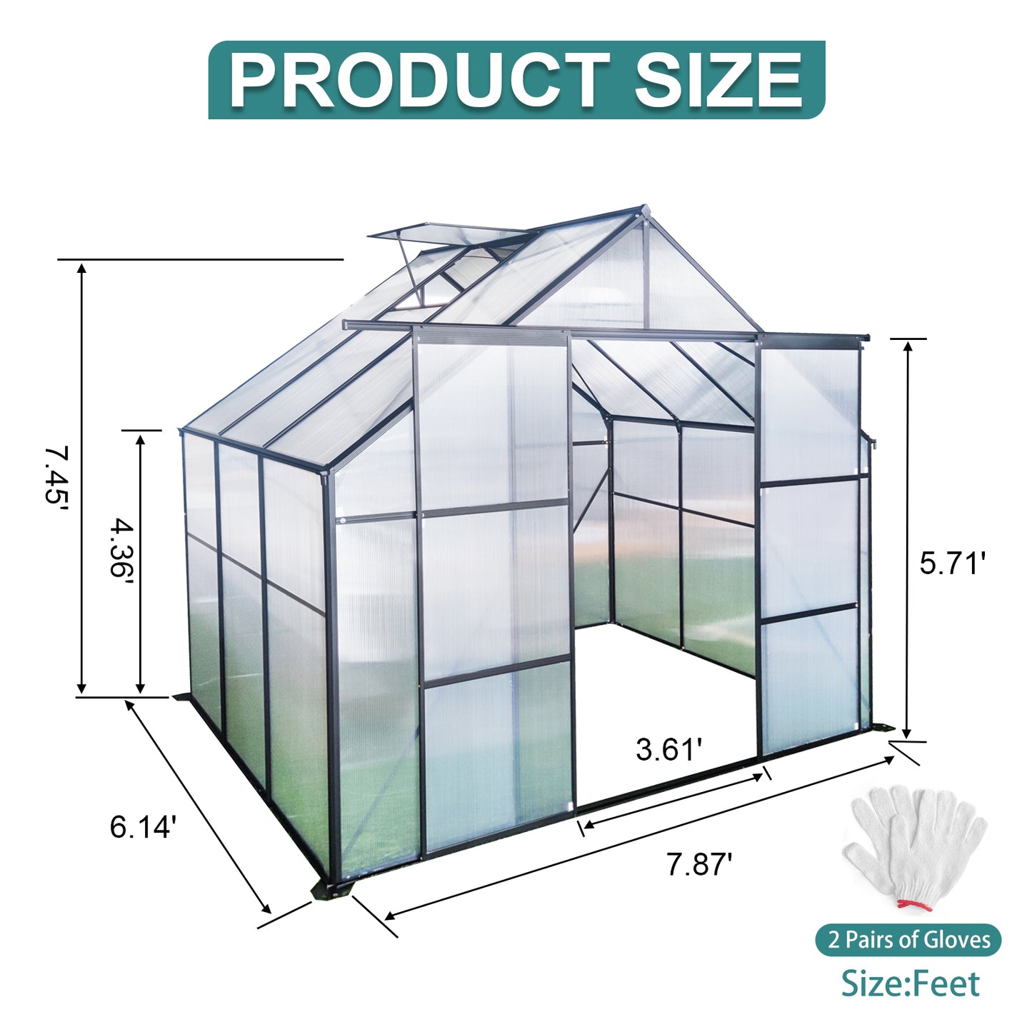 8X6FT-Black Double Door Polycarbonate Greenhouse Raised Base and Anchor Aluminum Heavy Duty Walk-in Greenhouses for Outdoor Backyard in All Season