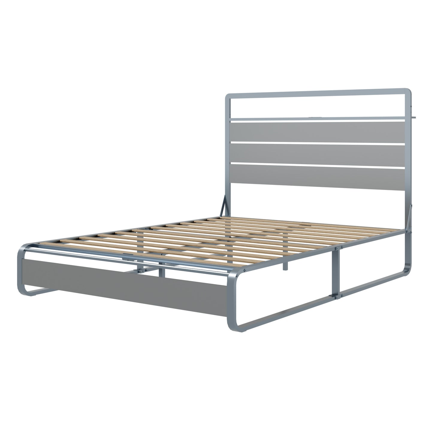 Queen Size Bed Frame with Headboard, Metal Platform Bed Frame with Charging Station, Heavy Duty Platform Bed Frame with LED, Easy Assembly, Silver