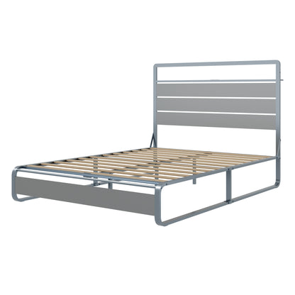 Queen Size Bed Frame with Headboard, Metal Platform Bed Frame with Charging Station, Heavy Duty Platform Bed Frame with LED, Easy Assembly, Silver