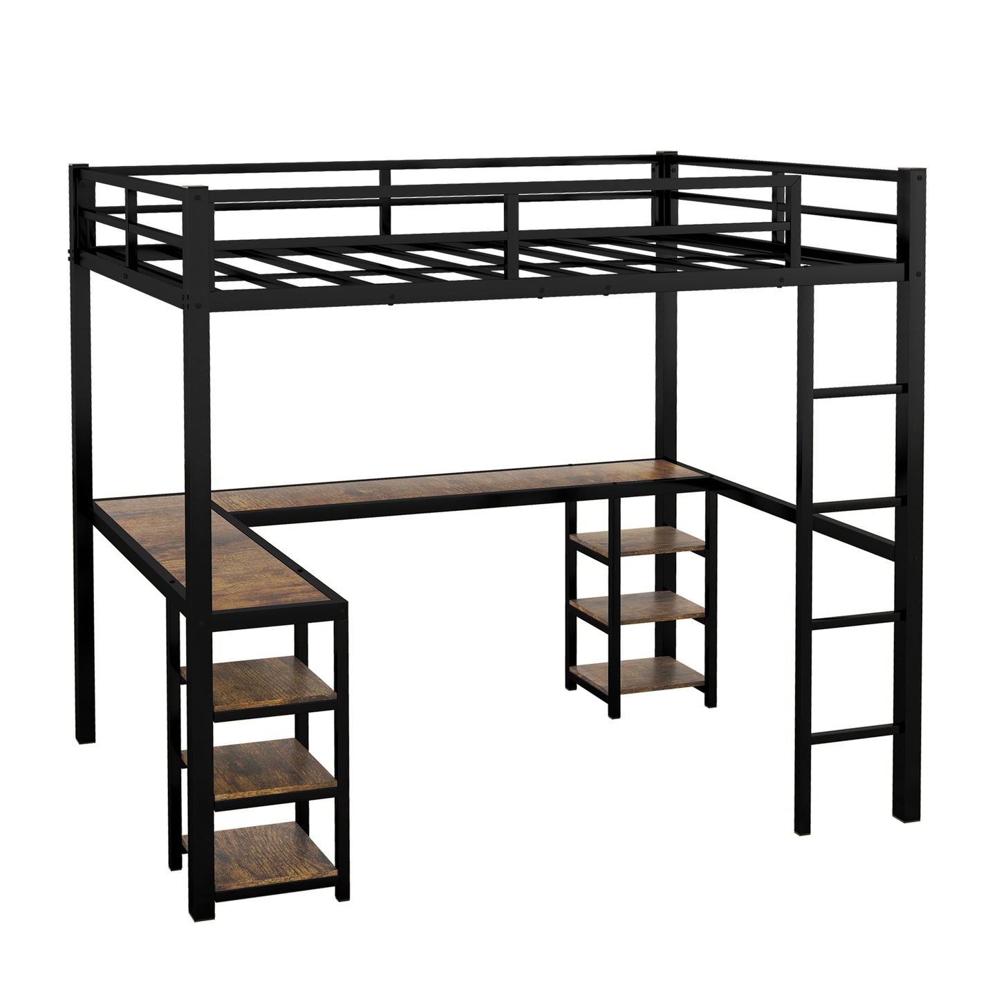 Full Metal Loft Bed with Desk and Shelves, Loft Bed with Ladder and Guardrails, Loft Bed Frame for Bedroom, Black with Vintage wood-colored desk(Old SKU: W1307S00022)