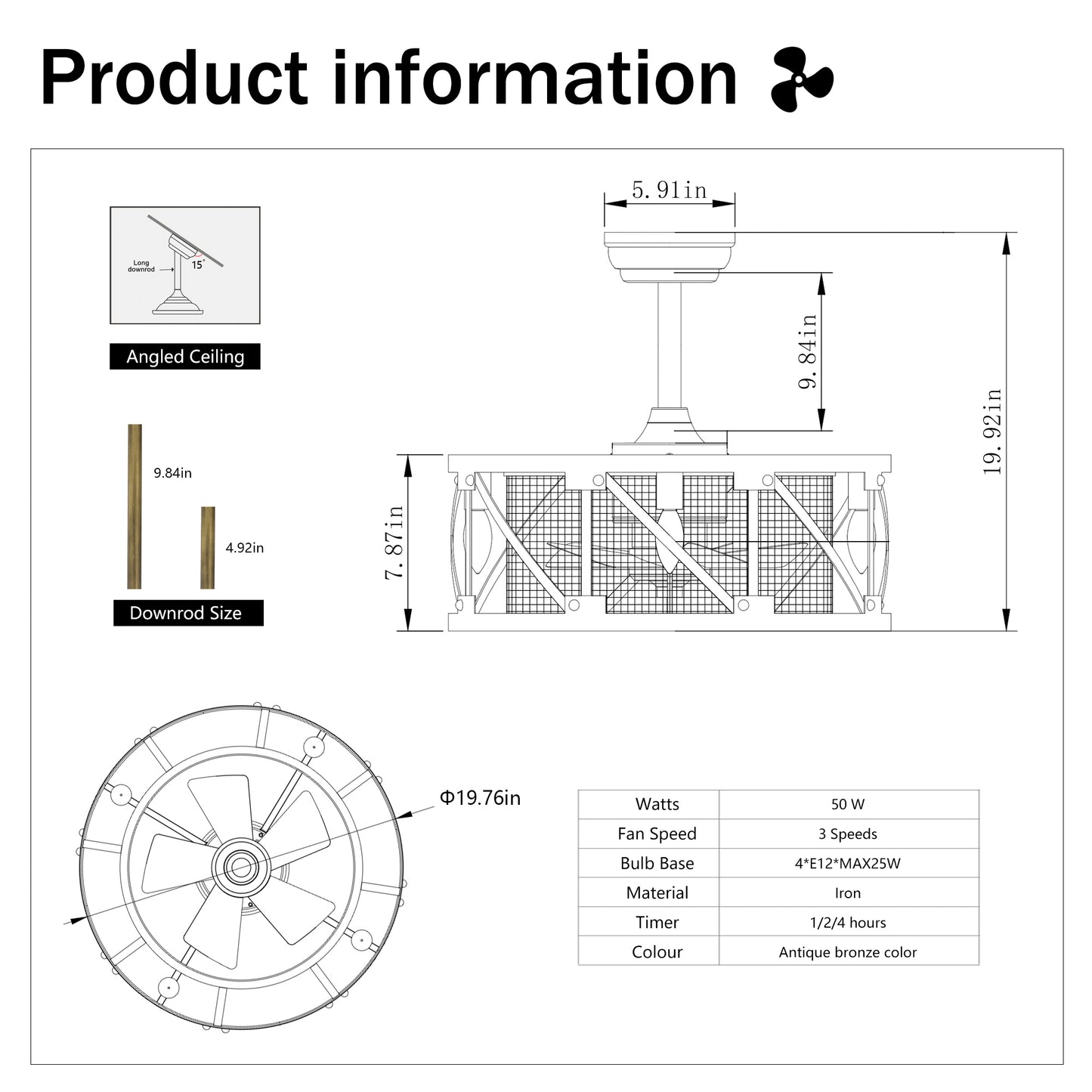 20'' Small size ceiling fan with kit ,5 ABS blades Antique brown decorate ceiling fan light with Remote control for bedroom