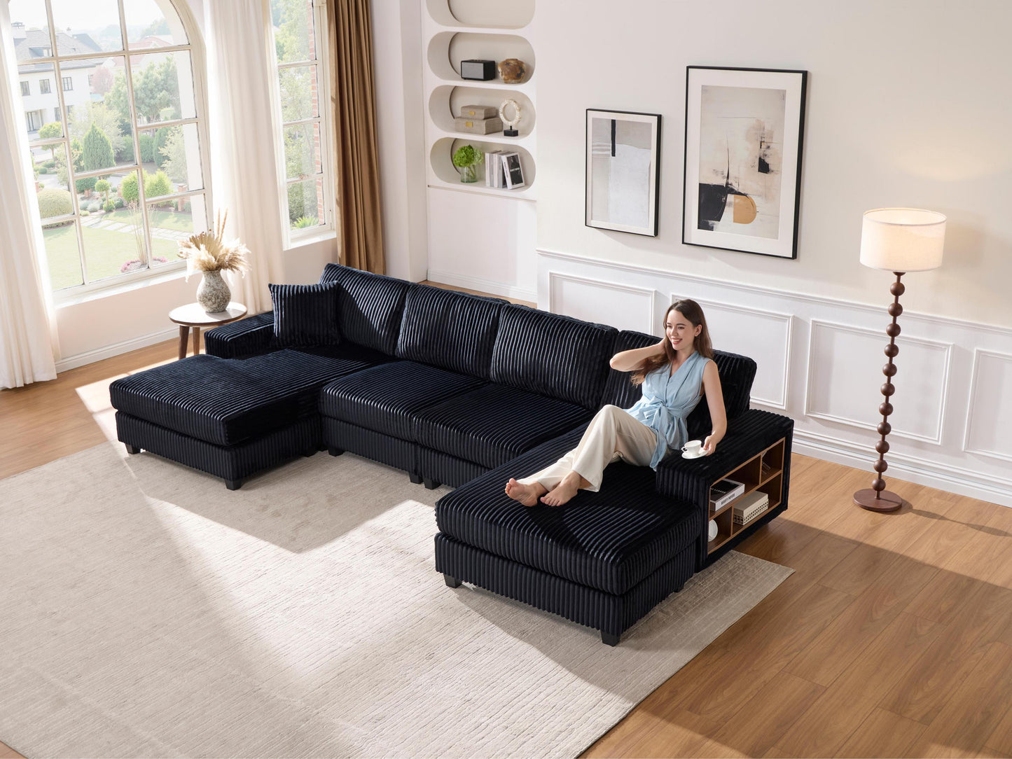 Convertible U-shaped Combination Sofa, Corduroy Fabric, Modern Comfortable Large Size 4 Seat Sofa, Living Room Double Lounge Chair,Black