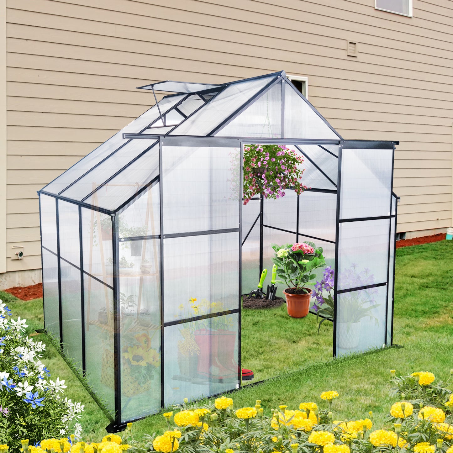 8X6FT-Black Double Door Polycarbonate Greenhouse Raised Base and Anchor Aluminum Heavy Duty Walk-in Greenhouses for Outdoor Backyard in All Season