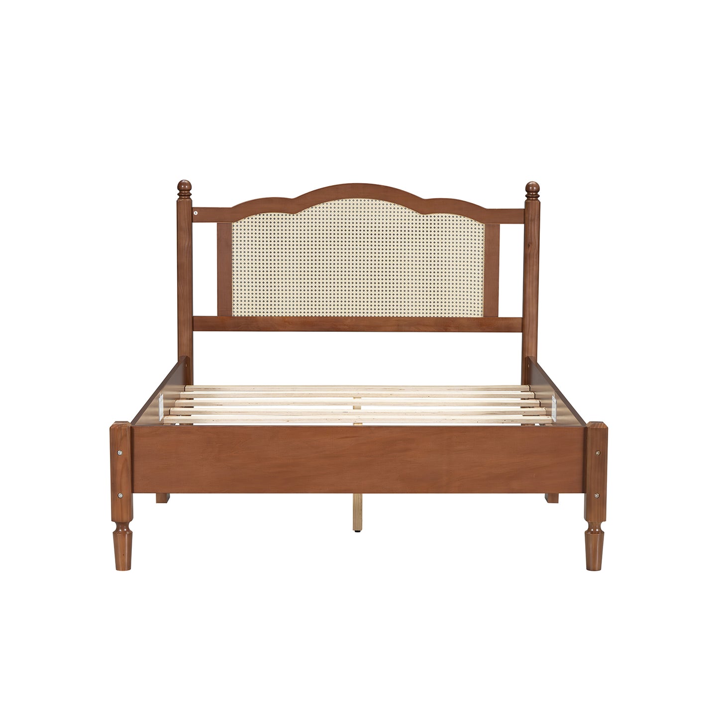 Full Size Wooden Platform Bed with Natural Rattan Headboard, Vintage Bed Frame with Wooden Slat Support, Walnut