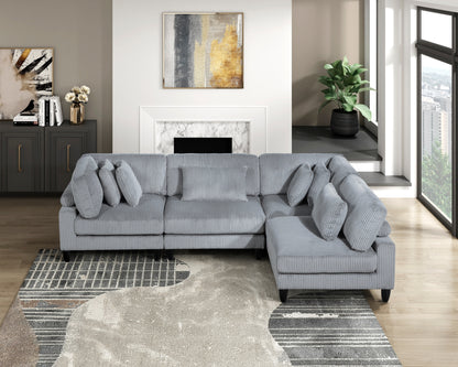 Living Room Furniture 4-Piece Modular Sectional Sofa Set Gray Corduroy Soft Cushion Pillows Solid Wood Legs