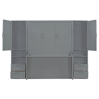 Queen Size Murphy Bed Wall Bed with Closet ,Drawers and Shelves,Gray