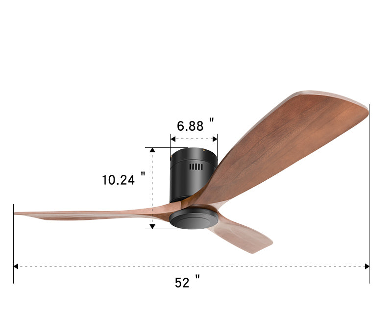 52 Inch Low Profile Ceiling Fan DC 3 Carved Wood Fan Blade Noiseless Reversible Motor Remote Control Without Light