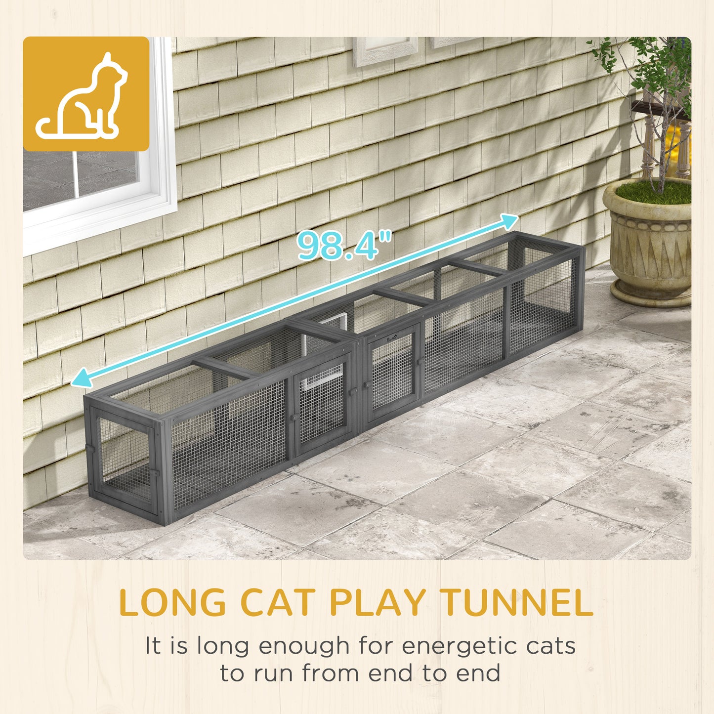 PawHut Cat Tunnel Outdoor, Wooden Cat Tube with Combinable Design, 8 Doors, 98" Cat Toys for Kitty, Puppy, Pet, House, Window, Cage, Dark Gray