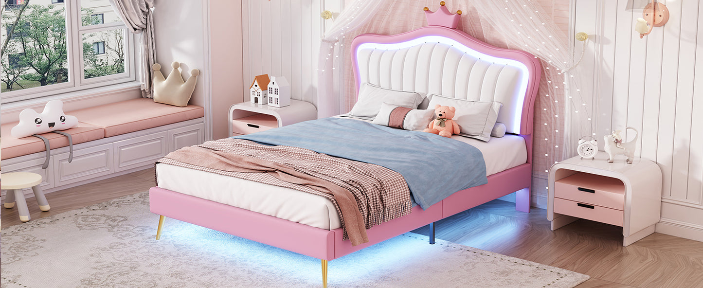 Twin Size Upholstered Bed Frame with LED Lights, Modern Upholstered Princess Bed With Crown Headboard,White+Pink