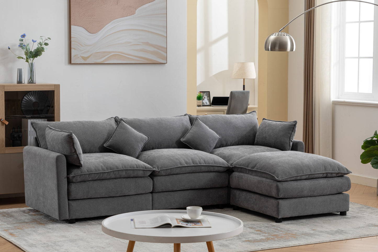 Modular Sectional Sofa, 3-Seater Sofa with Ottoman, Modern L-Shaped Sofa for Living Room Bedroom Apartment