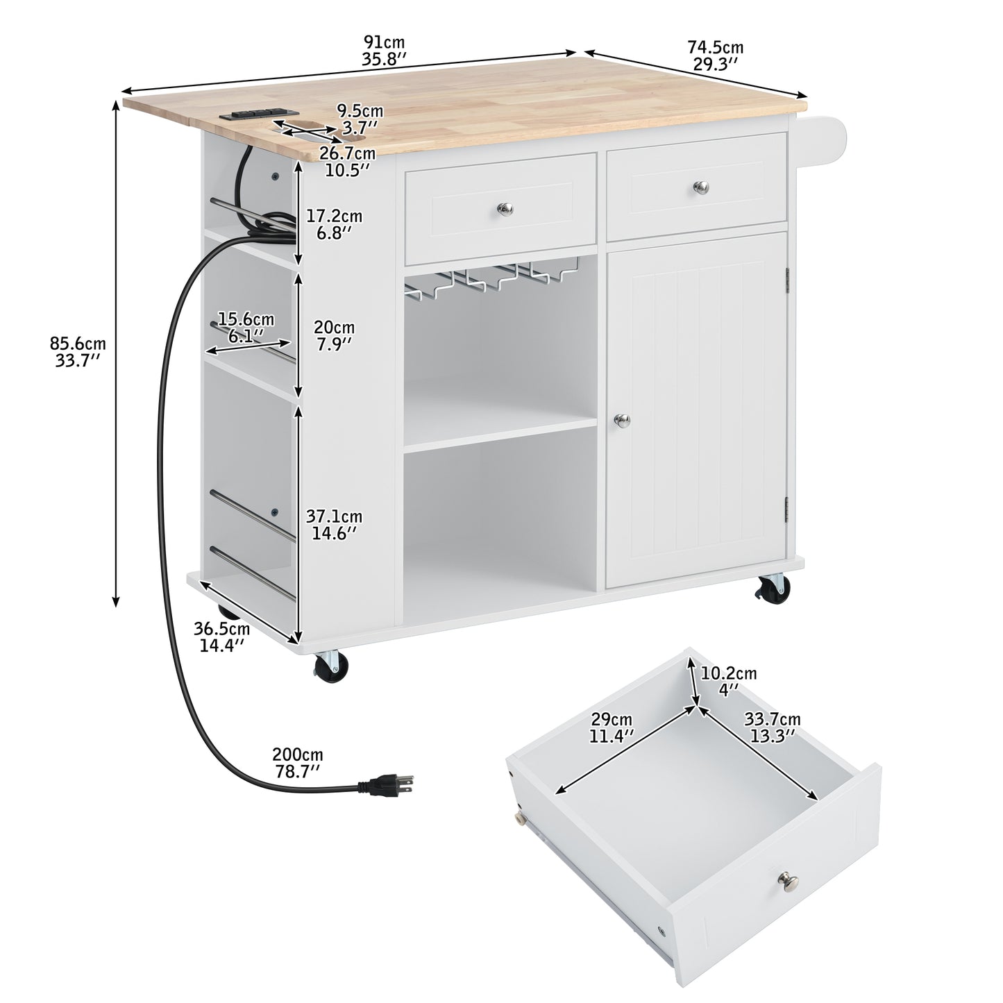 Kitchen Island with Power Outlet,Kitchen Storage Island with Drop Leaf and Rubber Wood,Open Storage and Wine Rack,5 Wheels,with Adjustable Storage for Home, Kitchen, and Dining Room,White