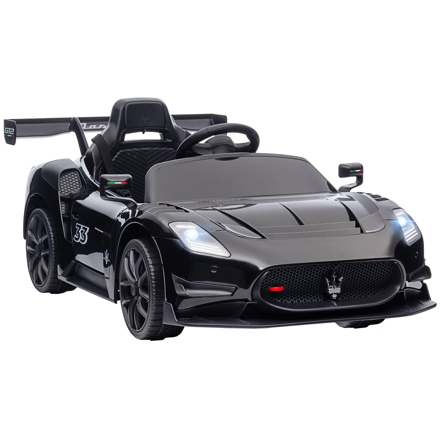 Qaba Maserati GT2 Licensed Ride On Car, 12V Battery Powered Electric Car for Kids with Shock-Absorbers, Auxiliary Wheels, 3MPH Racing Car with Remote, Horn Music LED Lights, Black