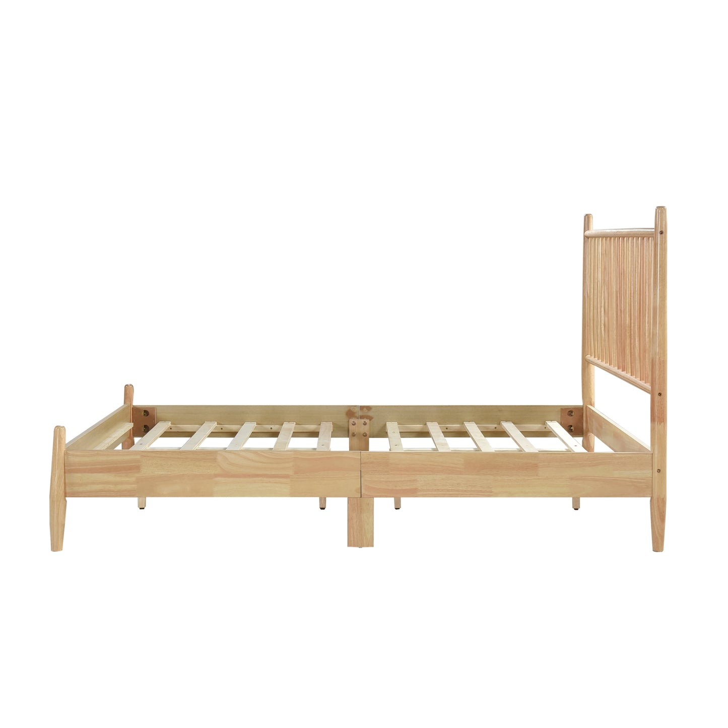Mid-Century Modern Design Queen Platform Bed 1pc Natural Finish Wooden Bedroom Furniture Vertical Slats Headboard, Bed in a Box