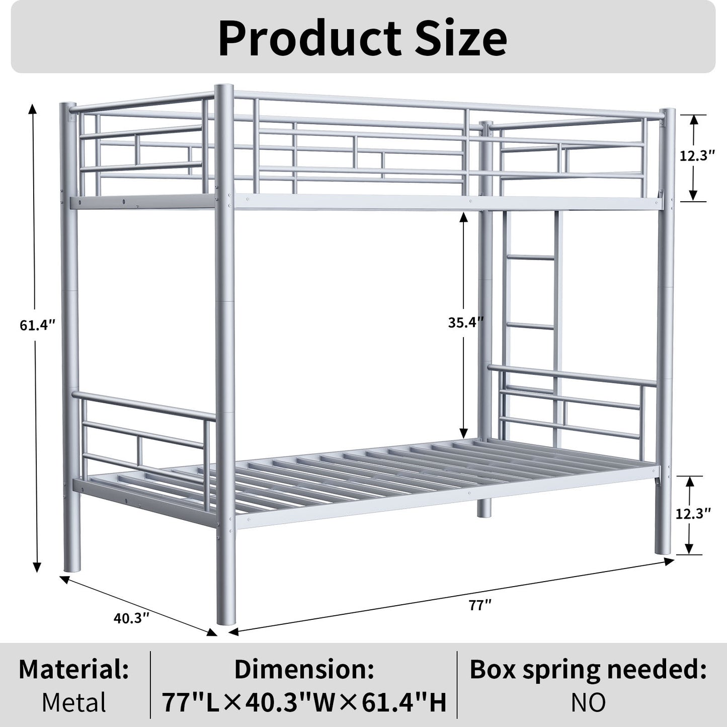 Bunk Bed Twin Over Twin Size with Ladder and high Guardrail, Able to Split, Metal Bunk Bed, Storage Space, Noise Free,Grey Silver