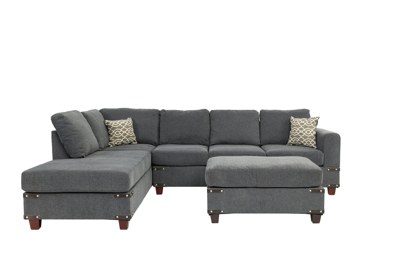 Living Room Furniture Charcoal Chenille Sectional w Ottoman Linen Like Fabric Sofa Reversible L/R Chaise Ottoman 3pc Sectional Sofa