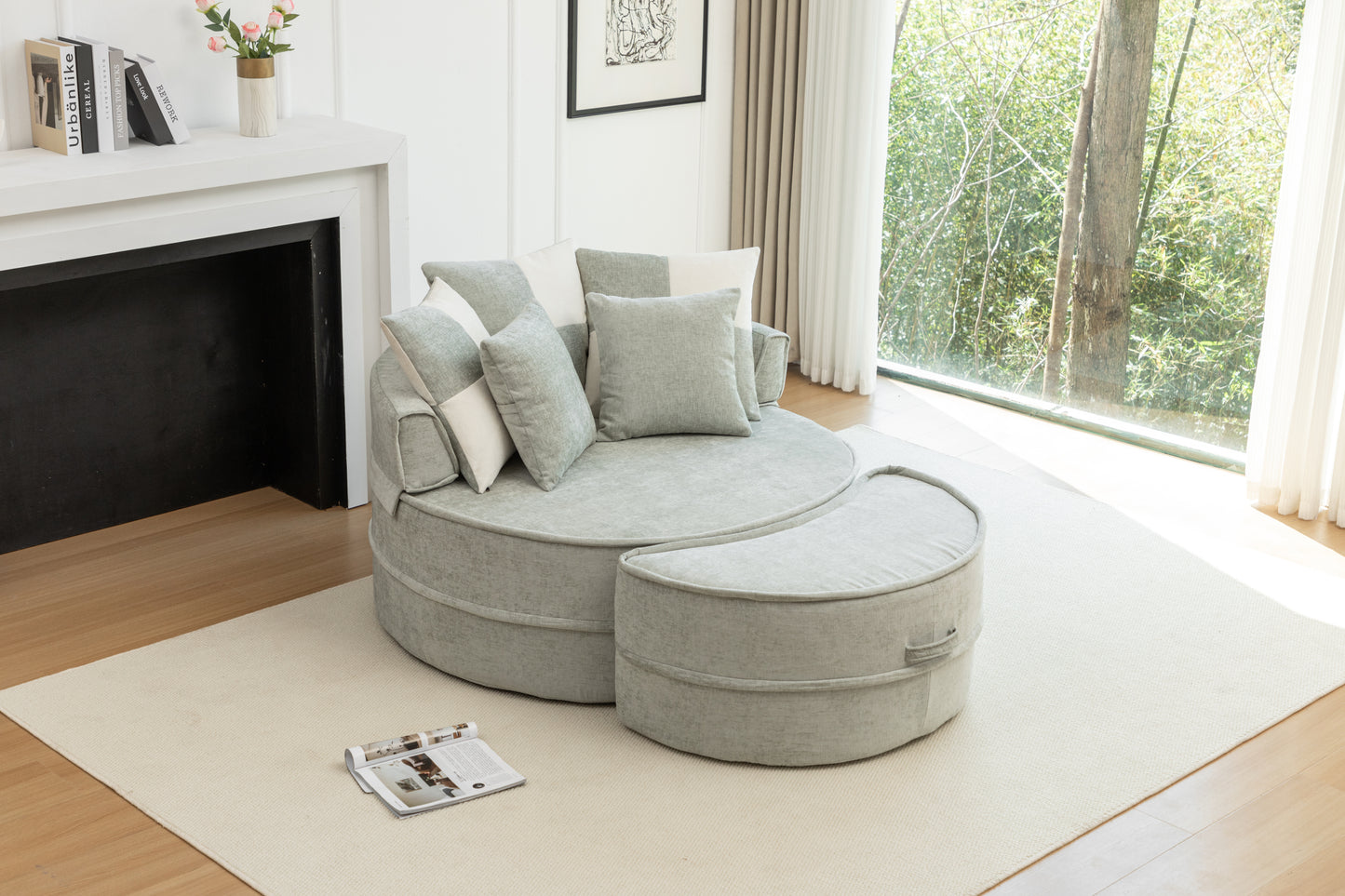 Oversized Round Accent Barrel Chair with 5 Pillows Soft Velvet Upholstered Armchair Lazy Lounge Sofa with Ottoman for Living Room/Bedroom/Reading Room/Guestroom