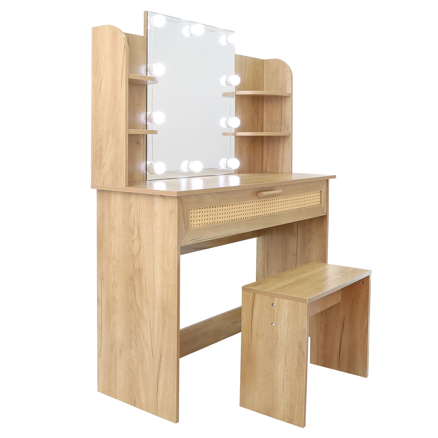 Vanity Desk Set Stool & Dressing Table with LED Lighting Mirror Drawer and Compartments Modern Wood Cosmetic Table Chest of Drawers Nature Color