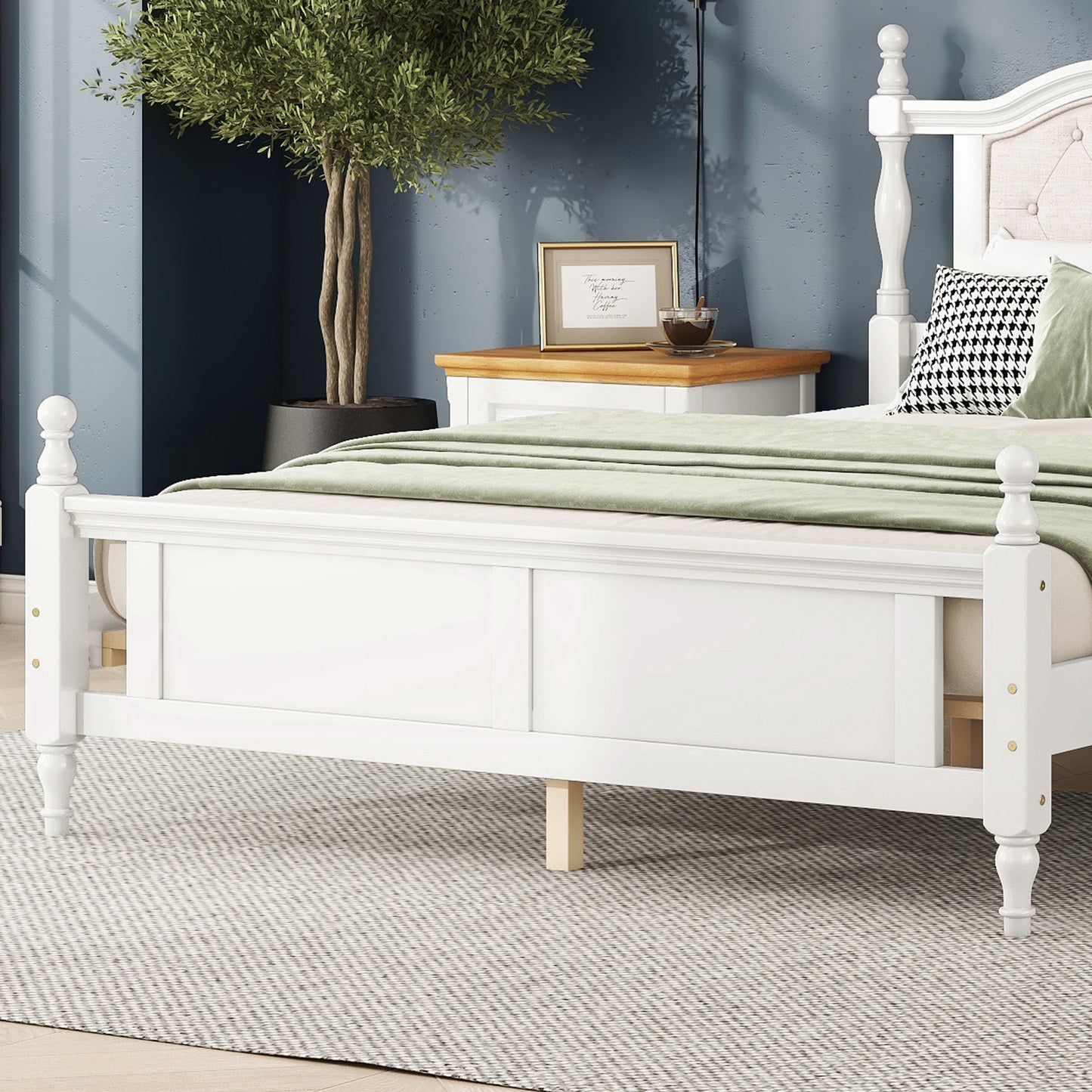 Queen Pine wooden Bed with Upholstered Headboard  and Panel Footboard, with  Two Bed Rail Support Feet and Central Platform Support Feet ,White