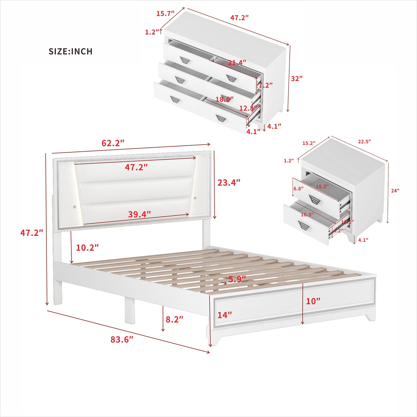 3-Pieces Bedroom Sets Queen Size Upholstered Bed with LED Lights, Nightstands and Dresser with Metal Handles and Sparkling Shiny Decoration, White