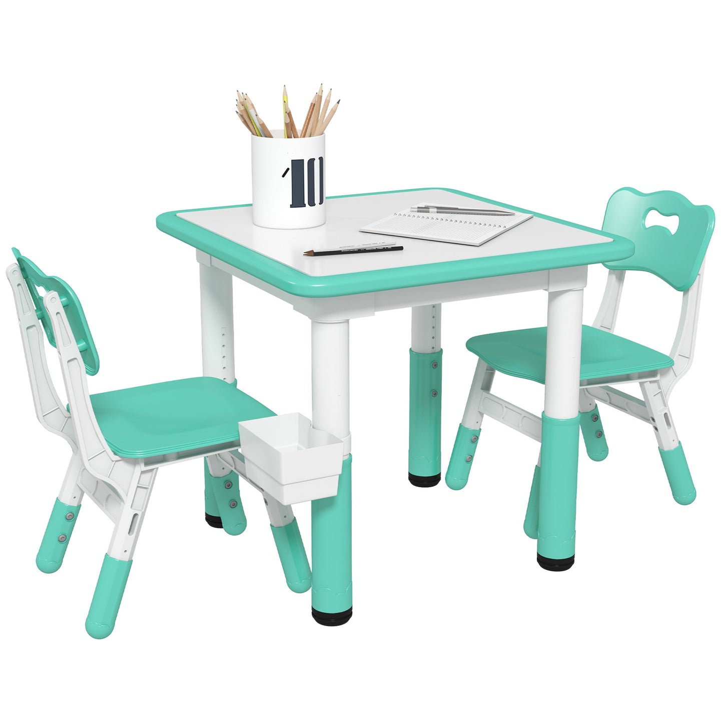 Qaba 3 Pieces Kids Table and Chairs, Height Adjustable Toddler Table and Chair Set with Storage, Easy to Wipe, Activity Table 2 Chairs for Classroom, for Daycare Classroom, 18 Months-5 Years, Green