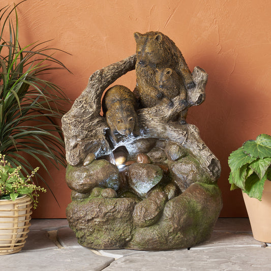 24.75' High CALLAN FOUNTAIN Weather Resistant Floor Fountain with Light, Light Brown + Moss