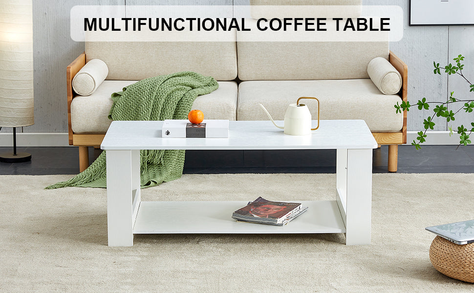 A modern and practical white coffee table. The double layered coffee table is made of MDF material,. Suitable for living room, bedroom, and study.CT-16