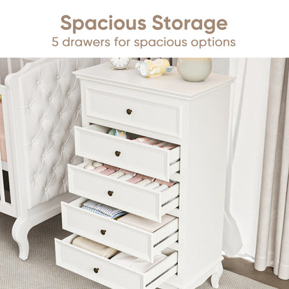 5 Drawer Dresser for Bedroom, Modern Storage Closet Cabinet Organizerwith Solid Wood Legs and Painted Finish-White