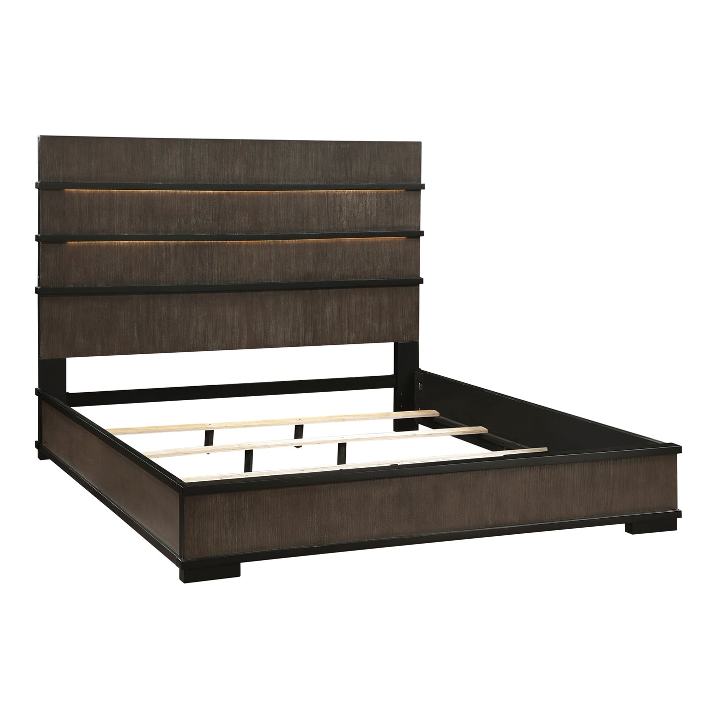 Two-Tone Brown Black Finish LED Headboard King Bed 1pc Modern Industrial Design Bedroom Furniture