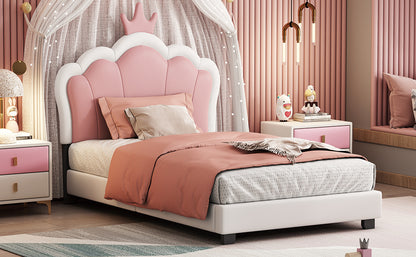 Twin size Upholstered Princess Bed With Crown Headboard,Twin Size Platform Bed with Headboard and Footboard, White+Pink