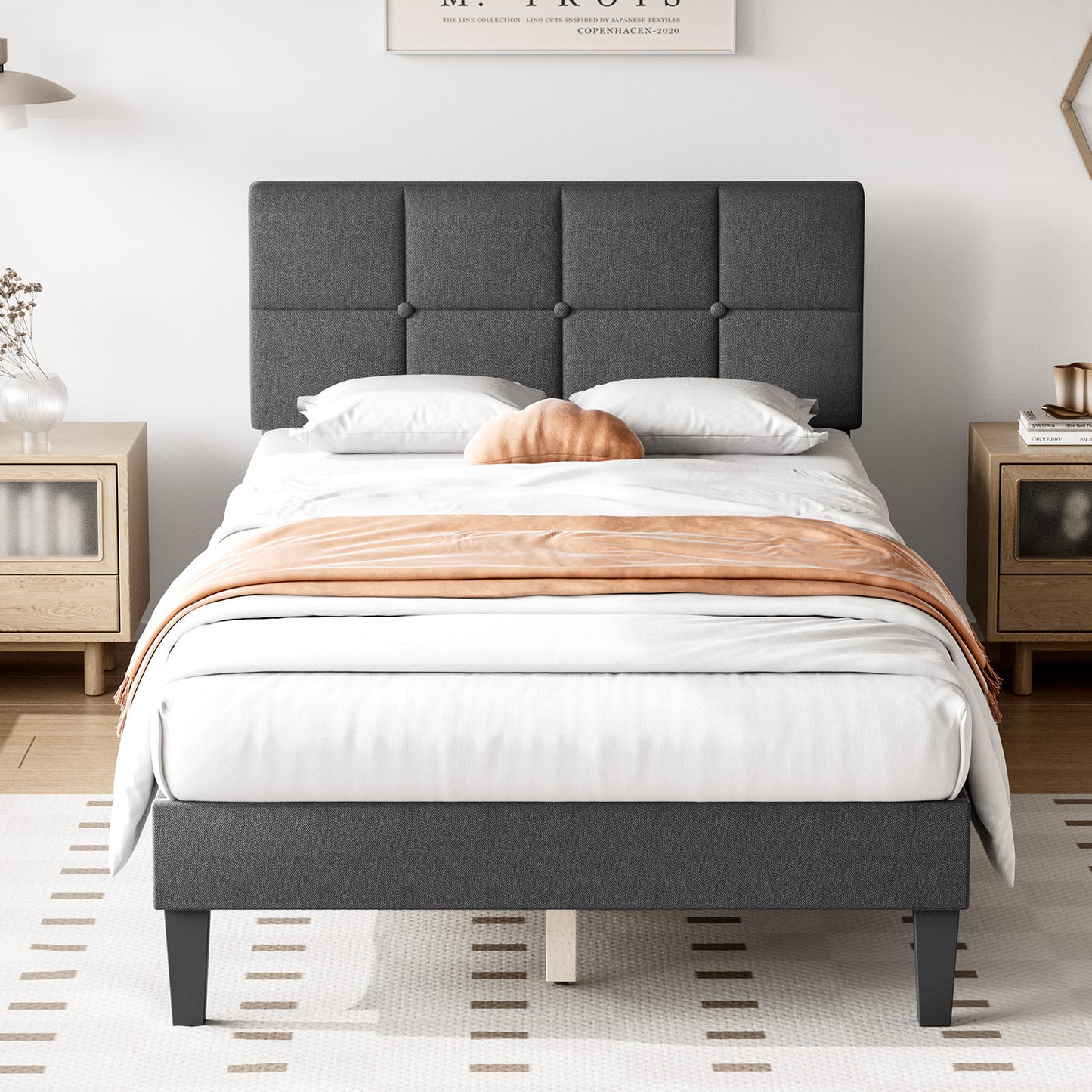 Queen Size Bed Frame - Linen Upholstered Platform Bed with Headboard, No Box Spring Needed with 800LBS Solid Wooden Slats Support, No-Noise, Easy Assembly, Dark grey