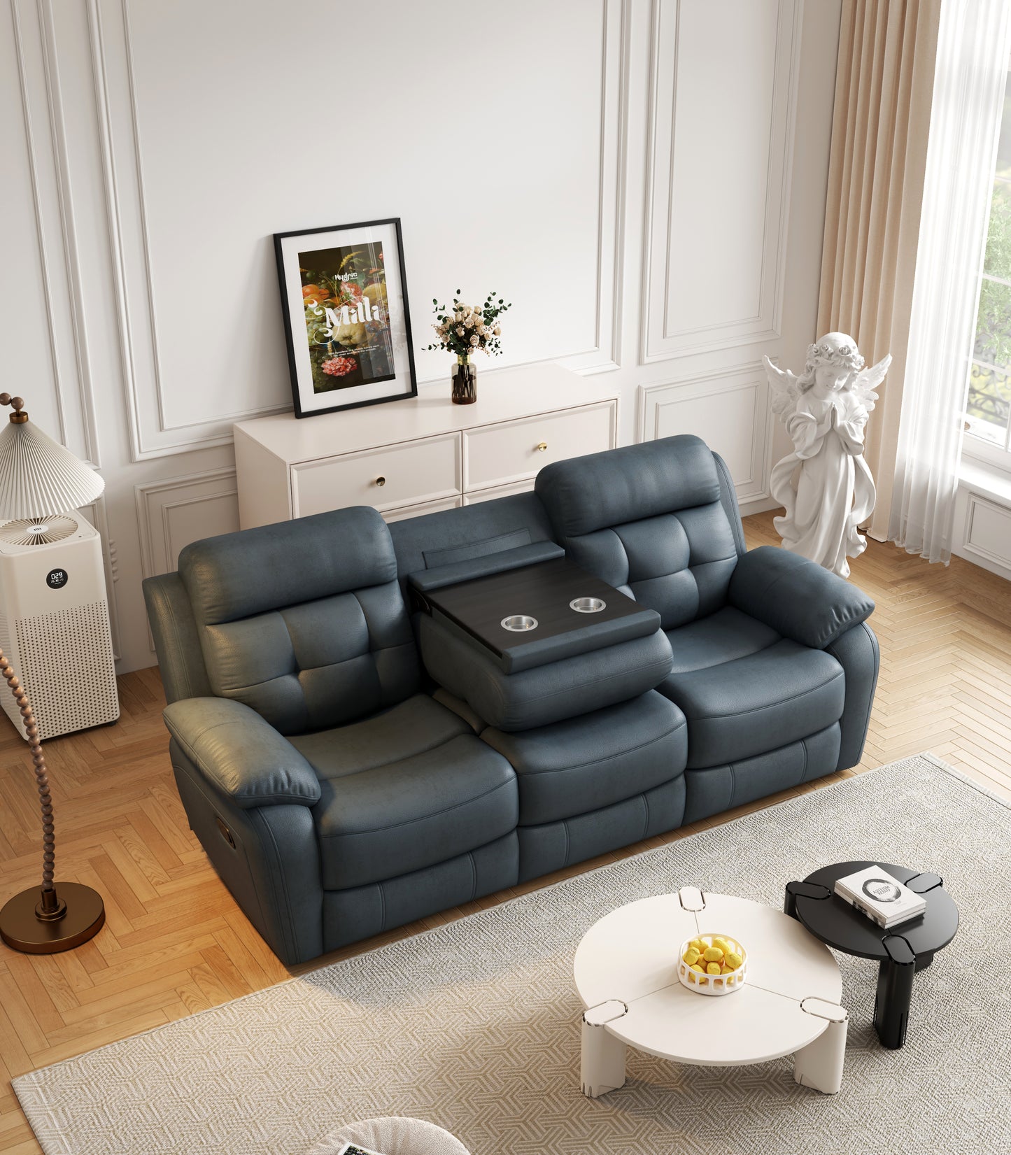 Genuine Leather Non-Power Reclining Sofa with Drop Down Table,Stainless Steel Cupholders and Magazine bag- Blue