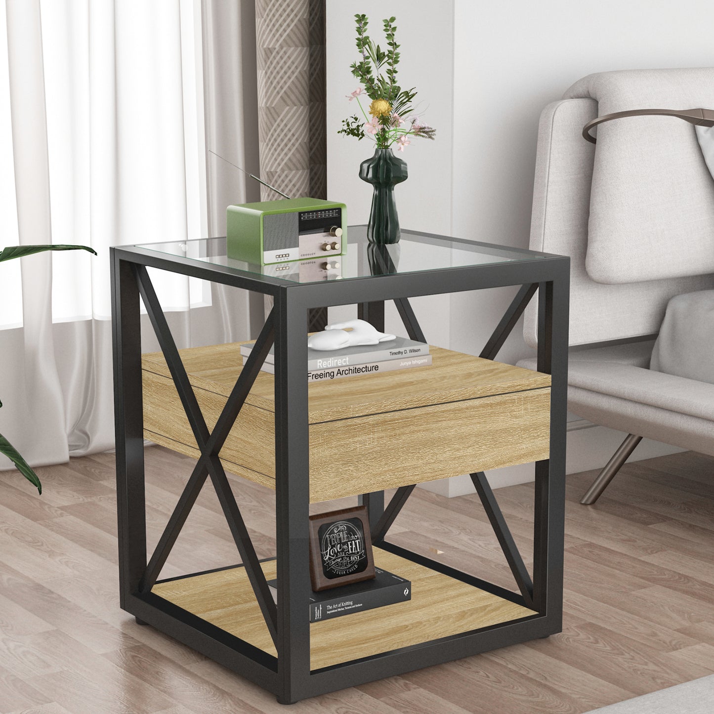 1 piece Modern End Table with Drawer - Nightstand for Bedroom & Living Room, Natural Wood MDF & Tempered Glass Top, Industrial Style Side Table
