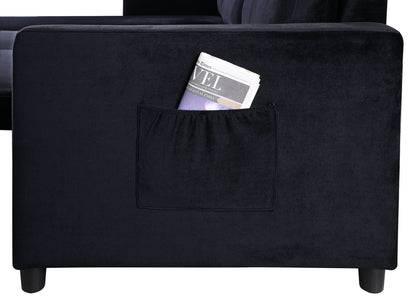 Ivy 81.5" Black Velvet Reversible Sleeper Sectional Sofa with Storage Chaise and Side Pocket