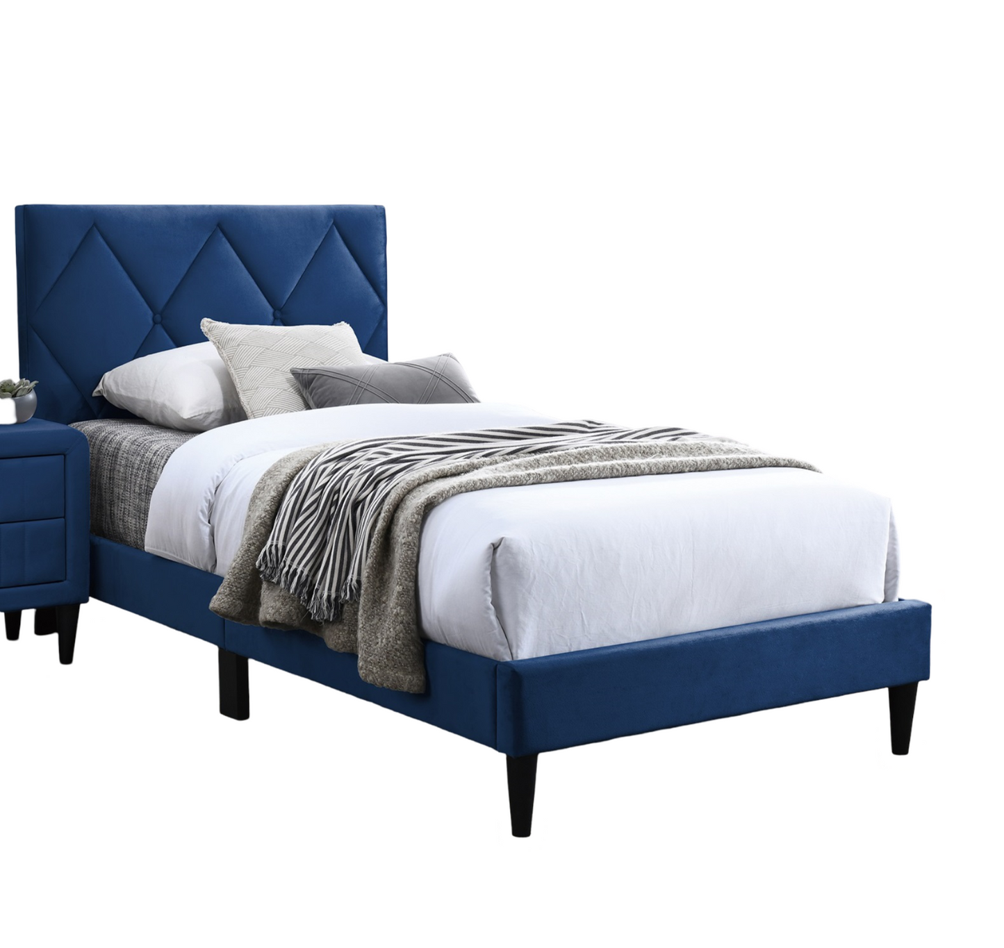 Twin Size Bed w Adjustable Headboard 1pc Bedframe, Navy Blue Velvet Upholstered Youth Bedroom Furniture